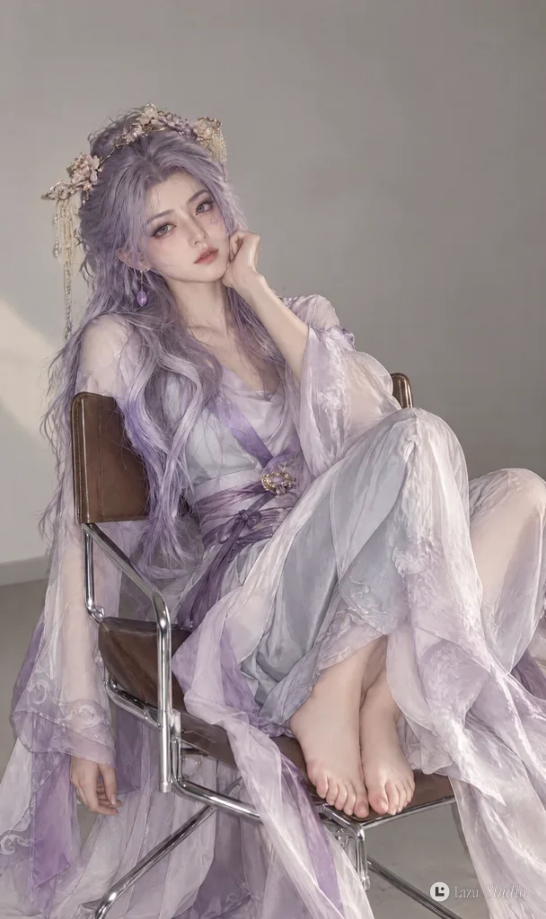 赤足女子身穿淡紫色轻纱汉服端坐在金属框架椅上。