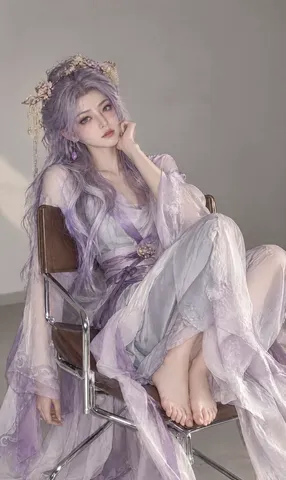 Barefoot woman in sheer lavender hanfu robe sitting gracefully on a metal frame chair.