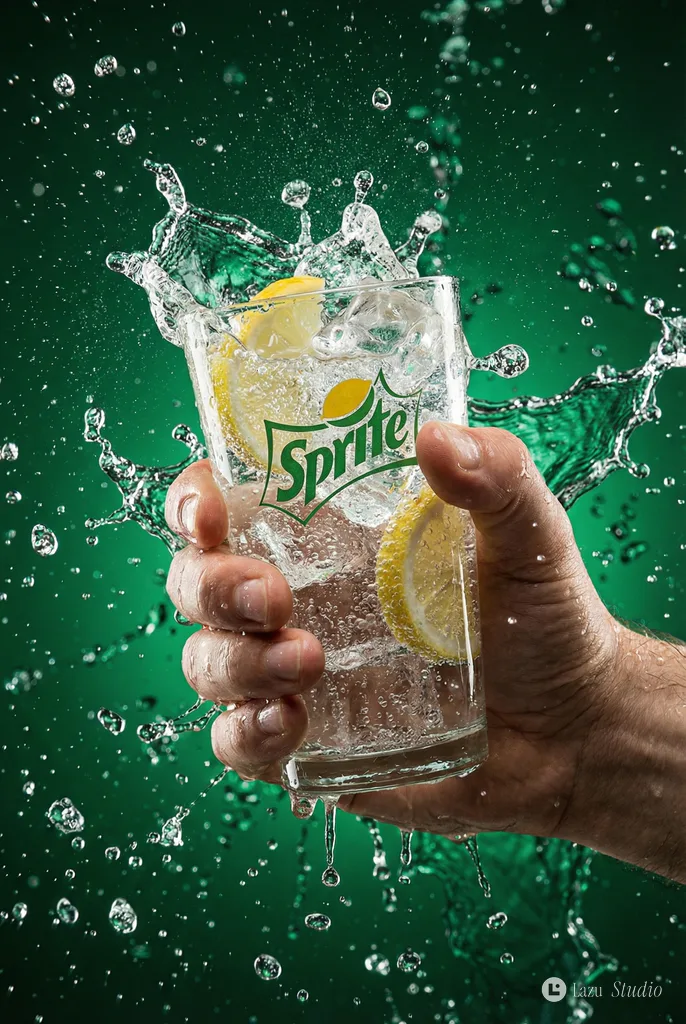 A hand firmly holding a glass of fizzy lime drink as carbonated liquid dramatically splashes outward against a green…