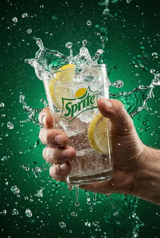 A hand firmly holding a glass of fizzy lime drink as carbonated liquid dramatically splashes outward against a green…