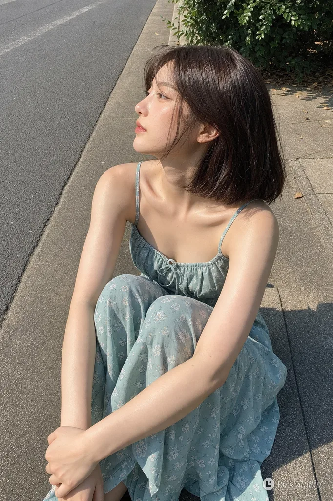Profile shot of a young woman with short brown hair sitting on a street curb hugging her knees in sunlight.