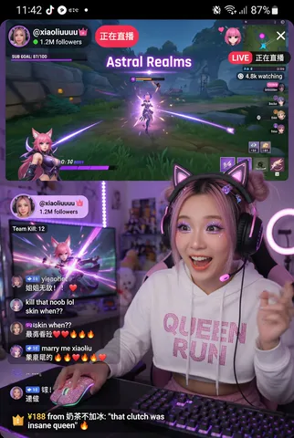 A woman with gaming headphones livestreaming at a computer desk with colorful ambient lights.