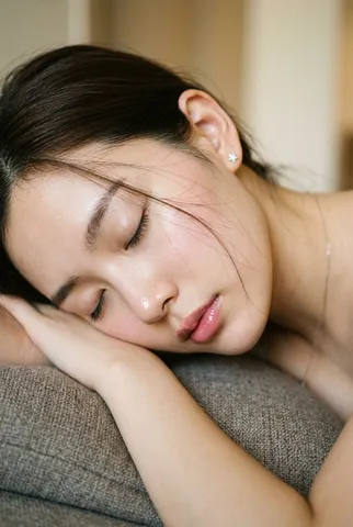 Extreme close-up side profile of a young woman sleeping peacefully with natural makeup.