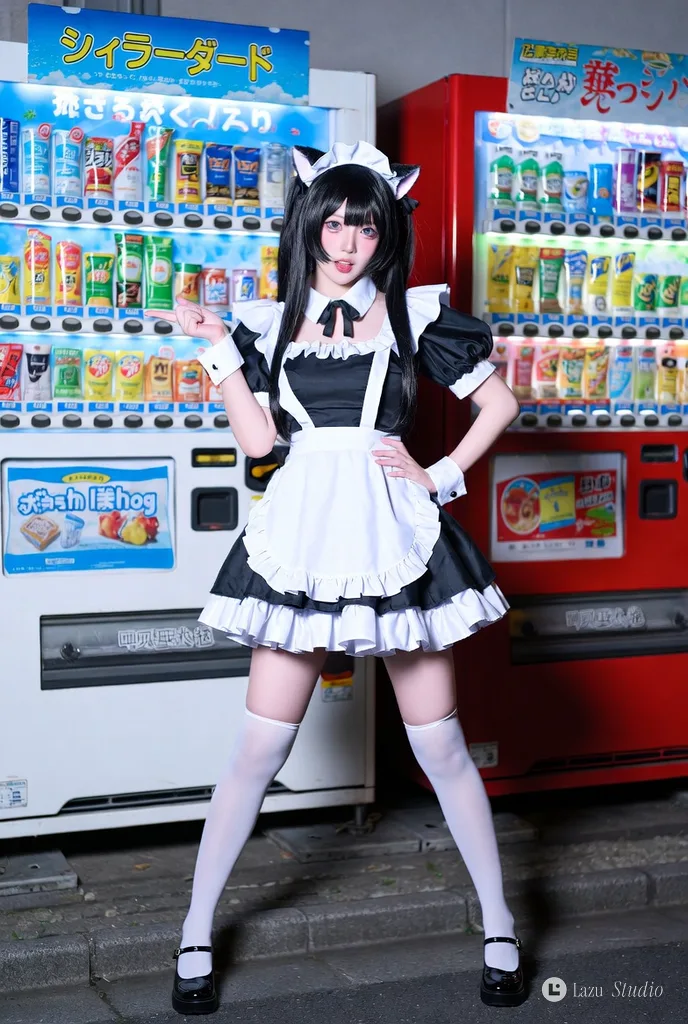 A young woman in a black and white cat-eared maid outfit posing in front of street vending machines at night.