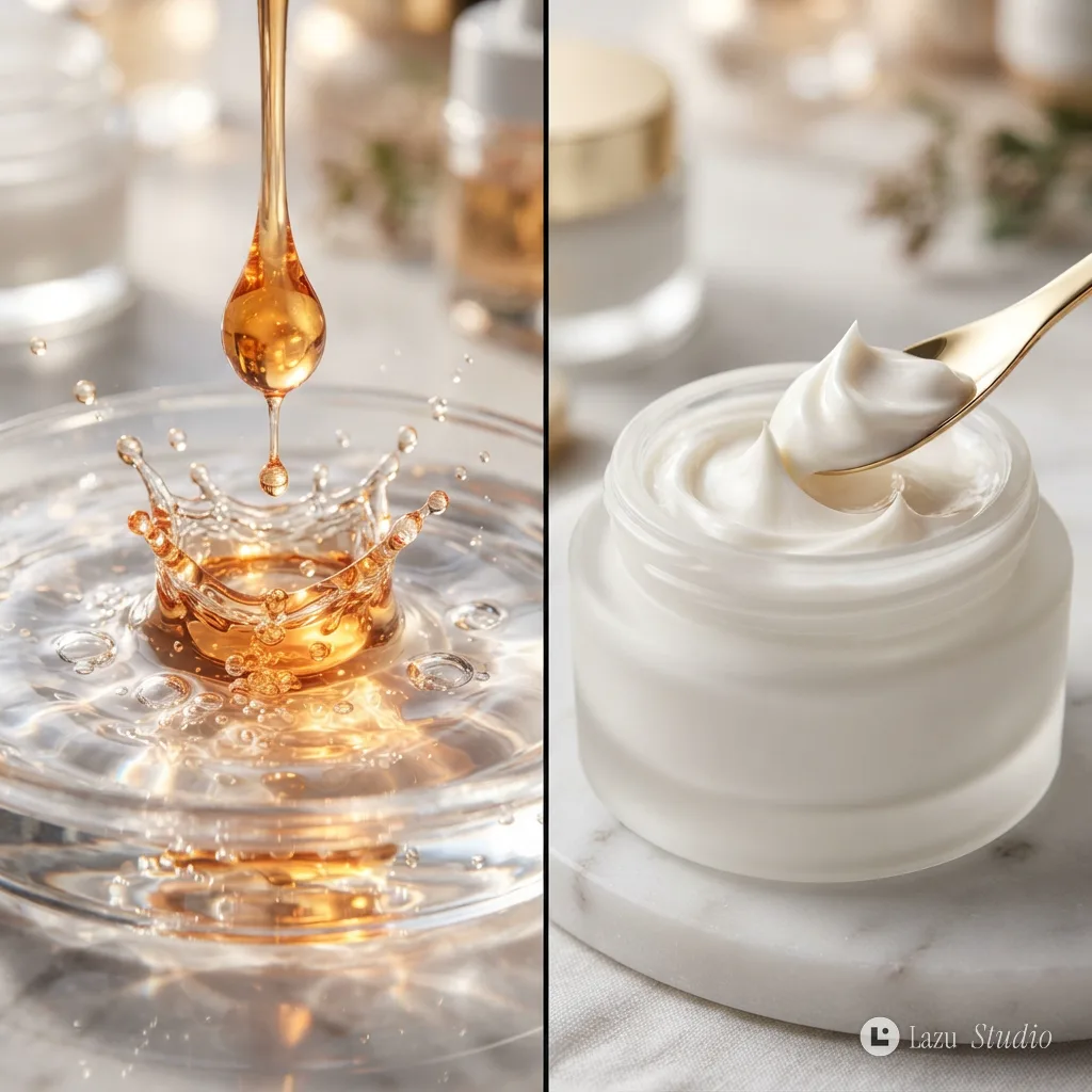 Split view of an amber serum drop splashing on liquid and thick white cosmetic cream on a gold spatula.