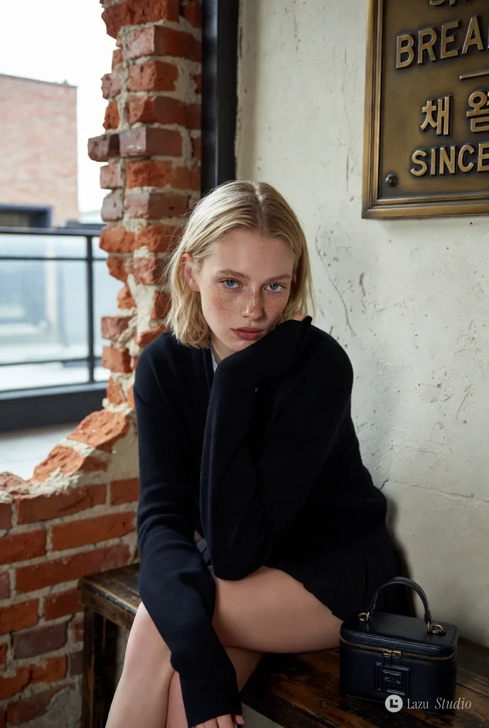 Portrait of a freckled blonde woman in a black sweater sitting with crossed legs on a wooden bench.