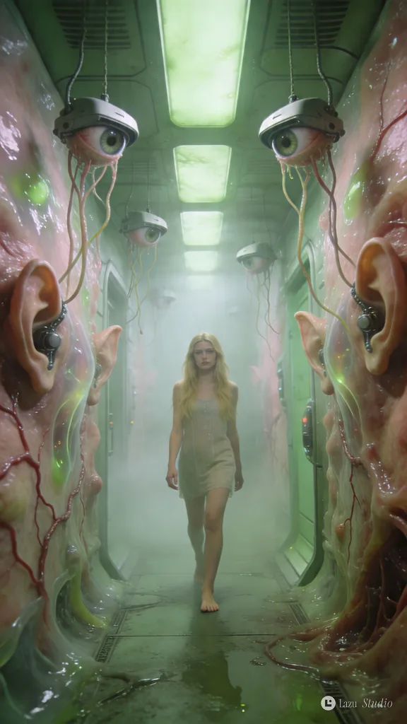 A woman walking barefoot down a dystopian corridor made of organic flesh, veins, and eye-like surveillance cameras.