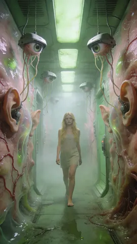 A woman walking barefoot down a dystopian corridor made of organic flesh, veins, and eye-like surveillance cameras.