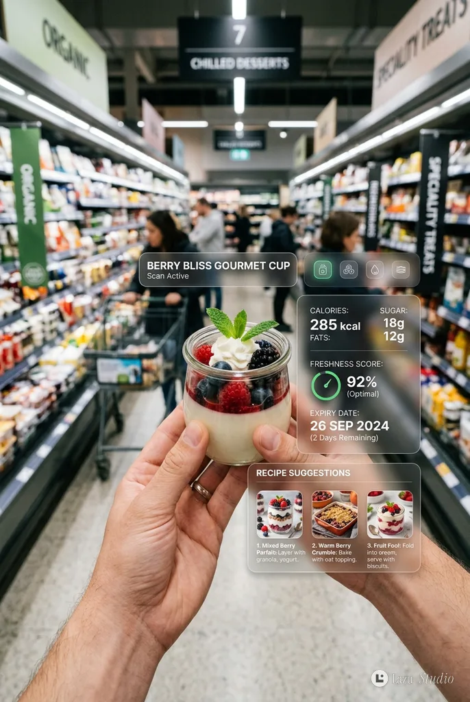 Hands holding a cream and berry dessert with a glowing holographic AR nutrition display.