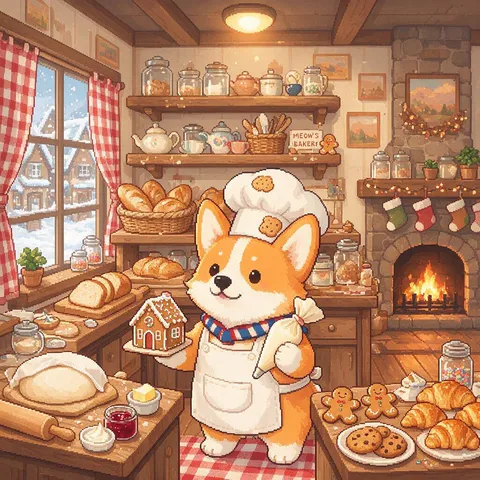 Pixel art illustration of a cute corgi dressed as a baker.