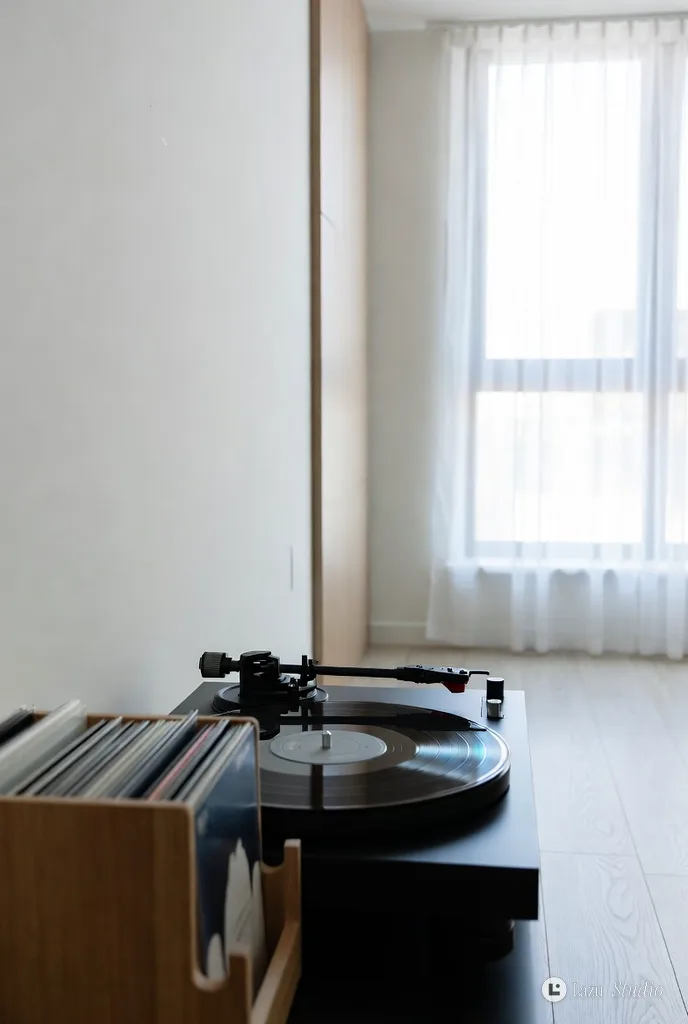 A modern vinyl turntable positioned neatly in an aesthetically minimalist living room.