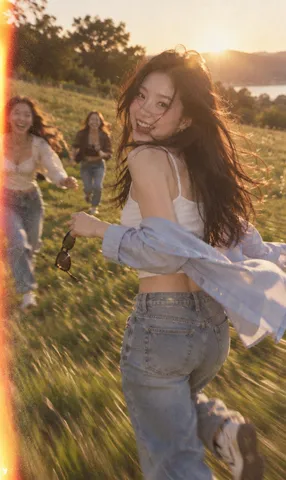 Woman in casual attire laughing and looking over her shoulder while running in a sunlit grassy field.