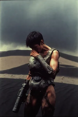 Muscular armored space marine holding a massive rifle on an alien black sand planet.