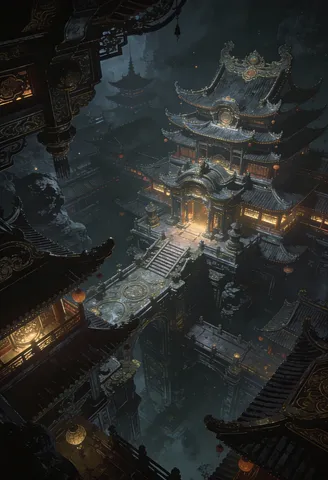 暗黑漫画风格下仰视的精致中国古建筑楼阁。