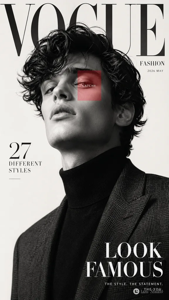 Black-and-white fashion magazine cover featuring a male model in a turtleneck and blazer.