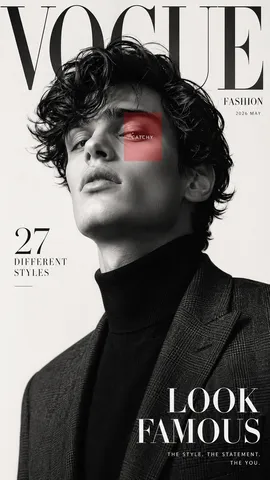 Black-and-white fashion magazine cover featuring a male model in a turtleneck and blazer.