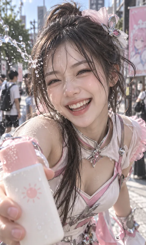 带有水花与银色高光的扎马尾年轻女子街拍特写。