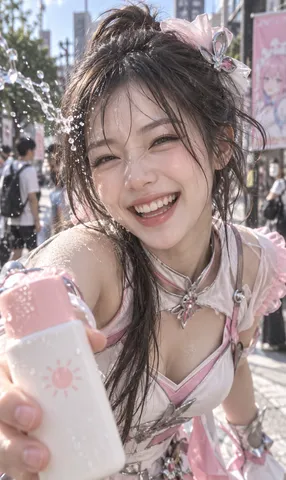 Close-up candid portrait of a cosplaying woman laughing with splashing water.