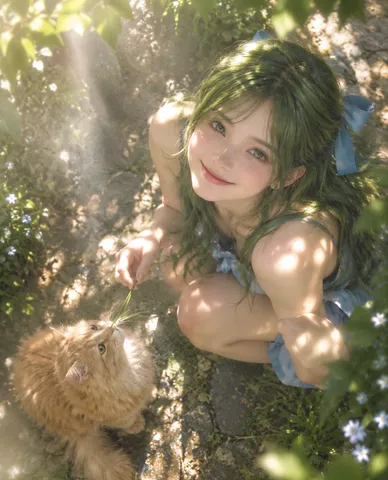 A woman smiles looking up while petting an orange cat on a garden path under dappled sunlight.