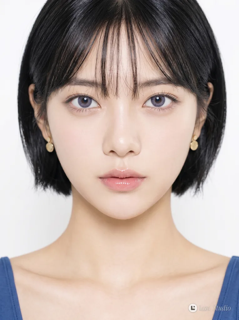 Close-up beauty portrait of an East Asian woman with a black bob and glossy violet-gray eyes.