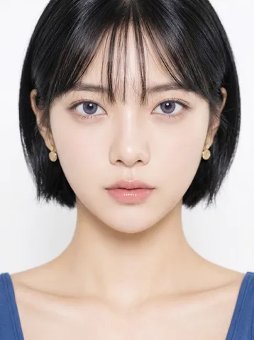 Close-up beauty portrait of an East Asian woman with a black bob and glossy violet-gray eyes.