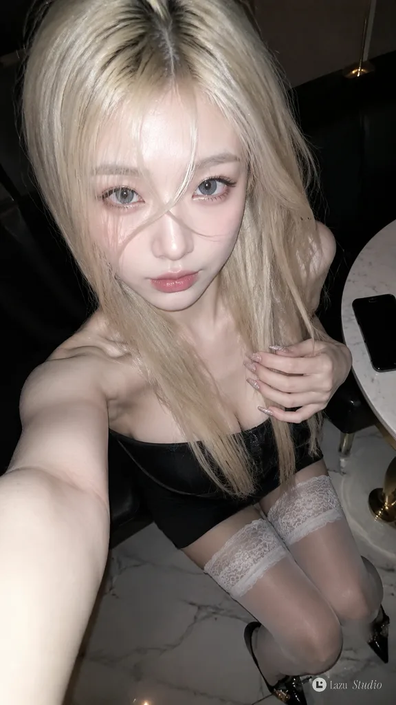 High-angle close-up selfie of a platinum blonde woman with clear round eyes looking up.