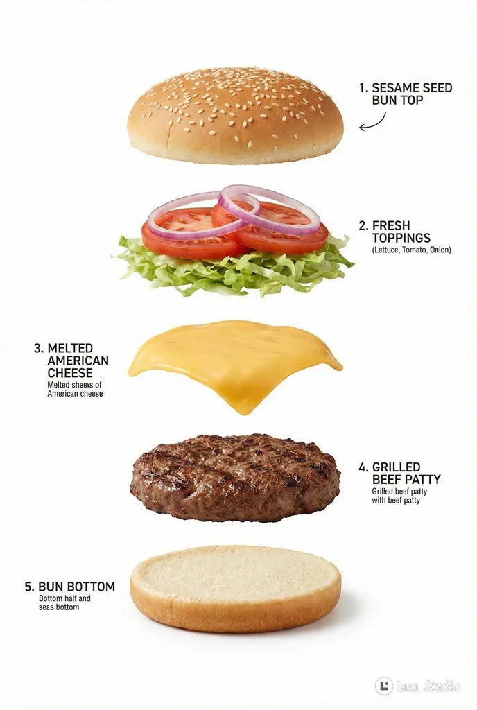 Exploded commercial shot of a five-layer burger showing each ingredient suspended in a vertical row.