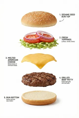 Exploded commercial shot of a five-layer burger showing each ingredient suspended in a vertical row.