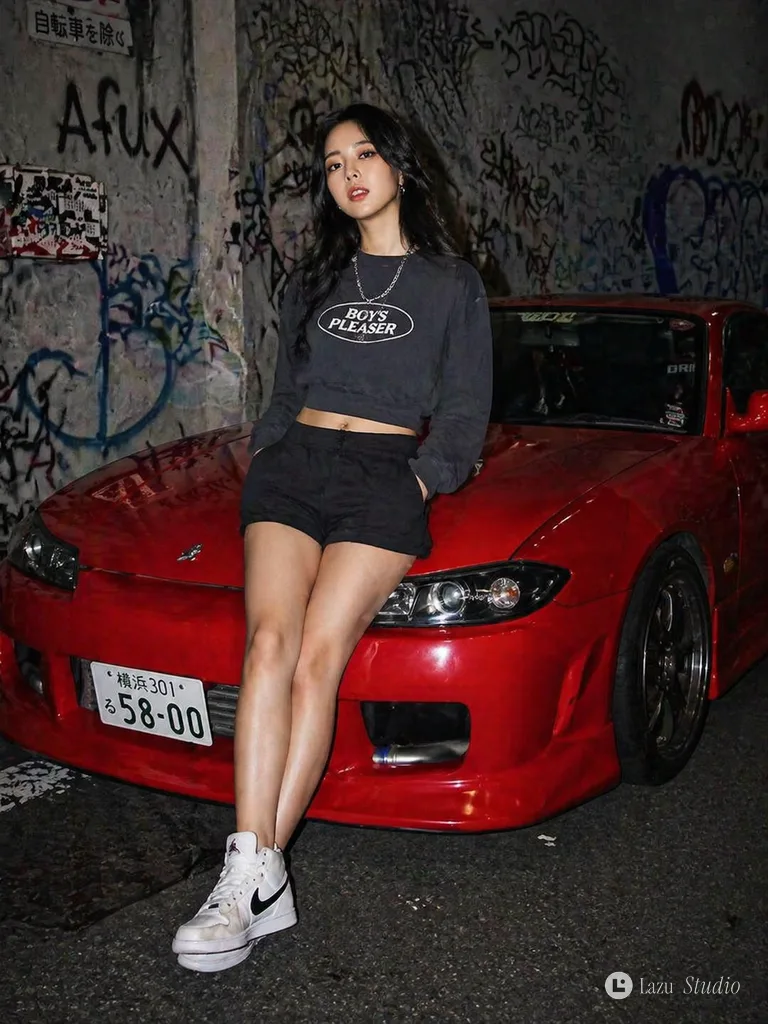 Woman in dark sweatshirt and shorts leaning against a red sports car under direct flash.