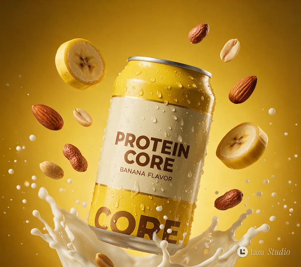 Levitating yellow beverage can surrounded by dynamic milk splashes, banana slices, and nuts.