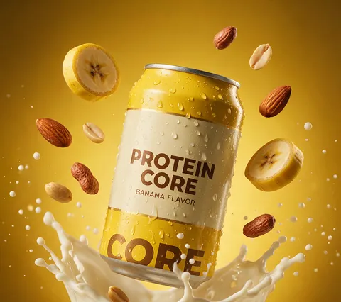 Levitating yellow beverage can surrounded by dynamic milk splashes, banana slices, and nuts.