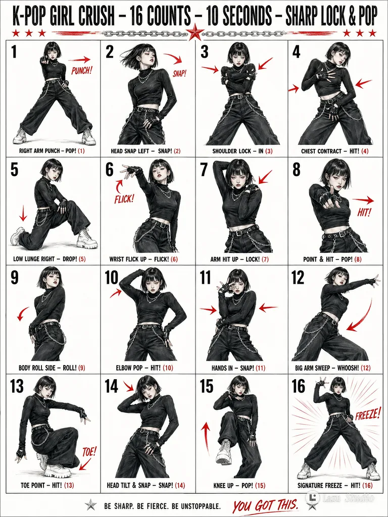 A 16-panel grid showing colored pencil sketches of an Asian dancer performing sharp K-pop choreography.