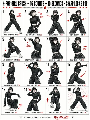 A 16-panel grid showing colored pencil sketches of an Asian dancer performing sharp K-pop choreography.