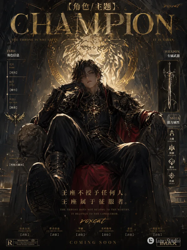 A cinematic vertical character concept poster featuring a stylized figure seated in front of graphic emblems and typography.