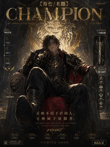 A cinematic vertical character concept poster featuring a stylized figure seated in front of graphic emblems and typography.