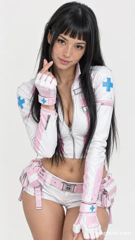 Woman in futuristic white and pink medic jacket posing with a finger heart next to her cheek.