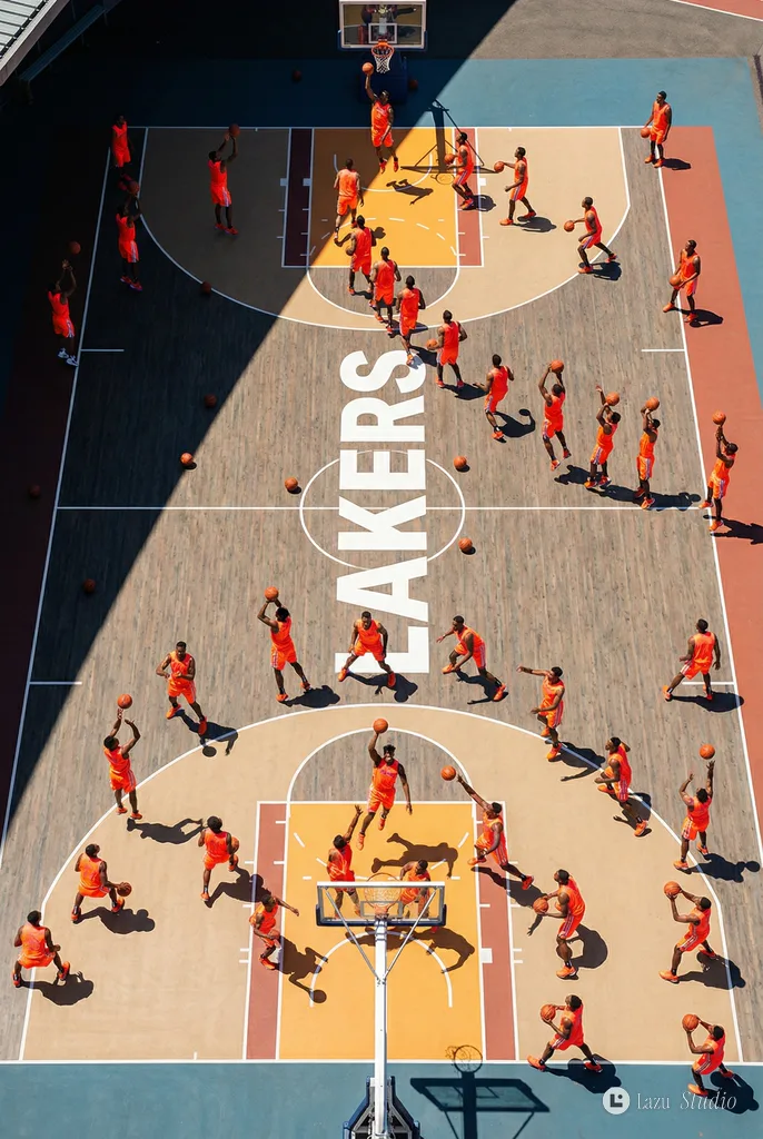 Overhead top-down view of dozens of cloned basketball players in various active poses across a basketball court.