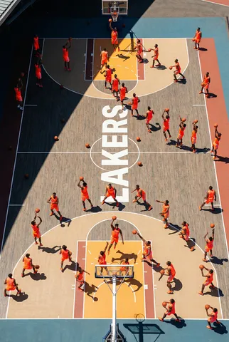 Overhead top-down view of dozens of cloned basketball players in various active poses across a basketball court.