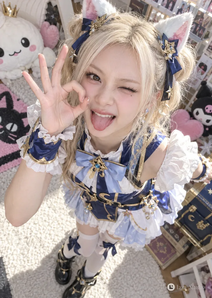俯視角度下右手比OK手勢並俏皮吐舌的Cosplay少女。