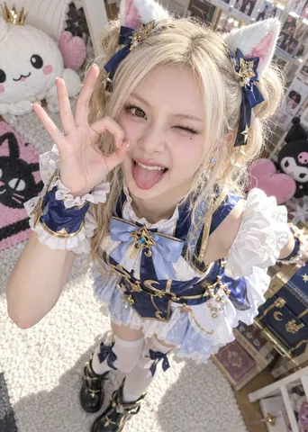 Top-down view of a cosplaying girl making an OK hand sign and playfully sticking out her tongue.