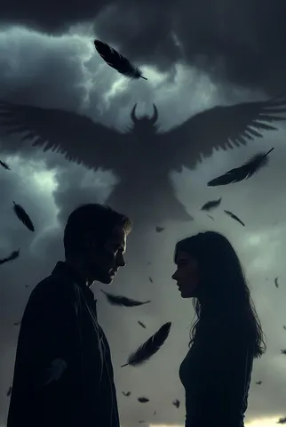 Two people arguing under dark storm skies with falling black feathers and a winged demon in the background.