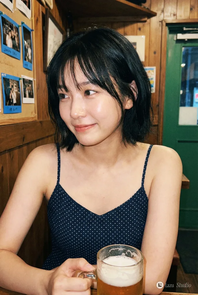 温馨酒吧中，手持啤酒杯、神情柔和微笑的年轻东亚女性。