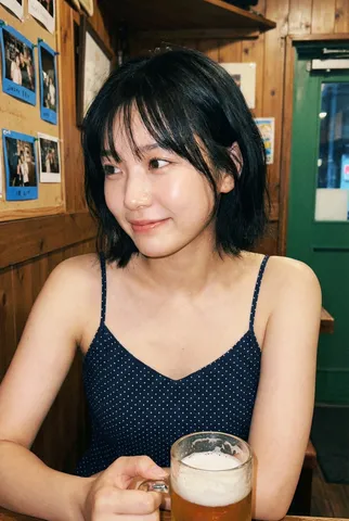Young woman smiling softly while holding a mug of beer in a cozy, dimly lit bar.