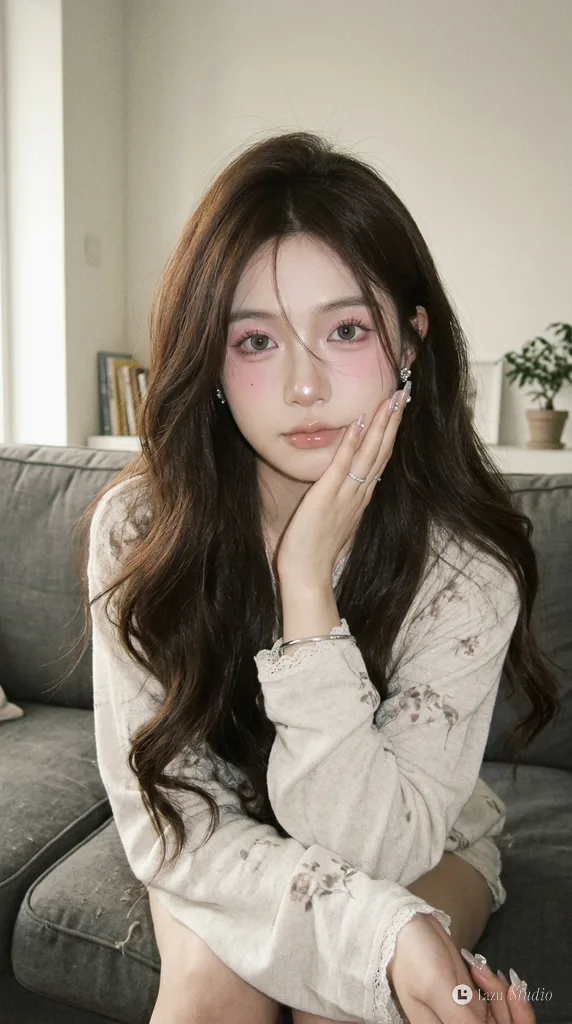Young woman with dewy makeup gently resting her hands against her cheeks in a soft indoor setting.