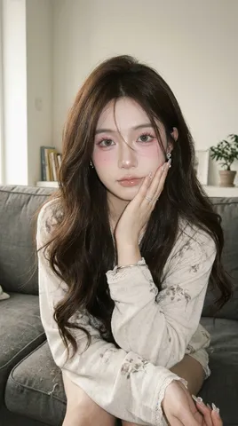 Young woman with dewy makeup gently resting her hands against her cheeks in a soft indoor setting.