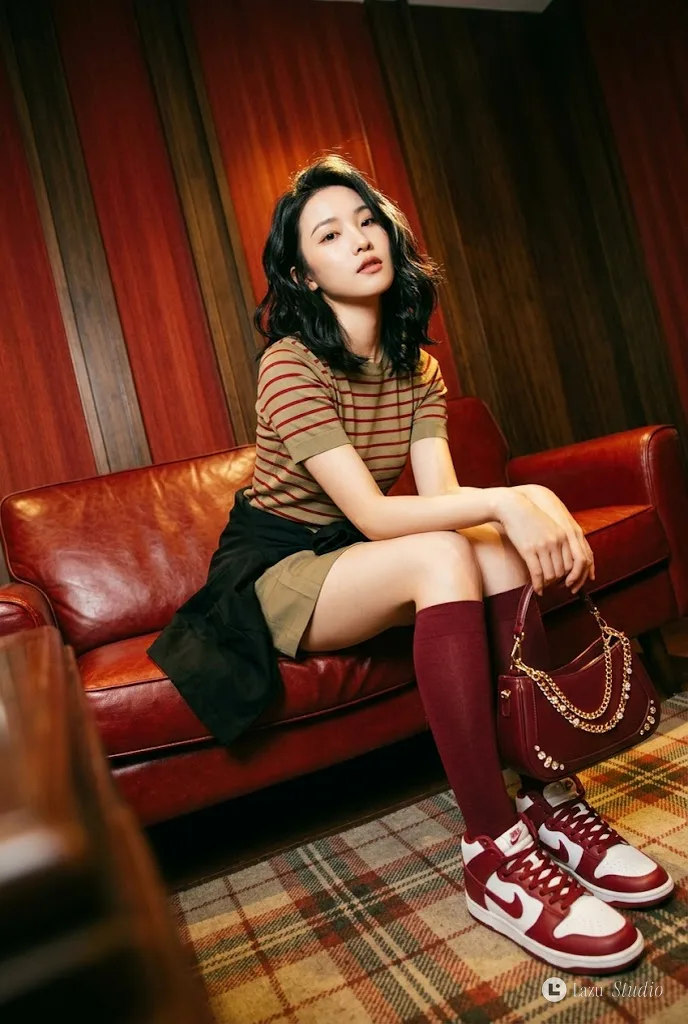 Fashion portrait of a woman sitting on a red leather sofa against a striped wall.