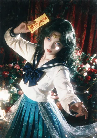 Young woman in a sailor-style outfit with a golden tiara holding a paper talisman in front of red curtains.