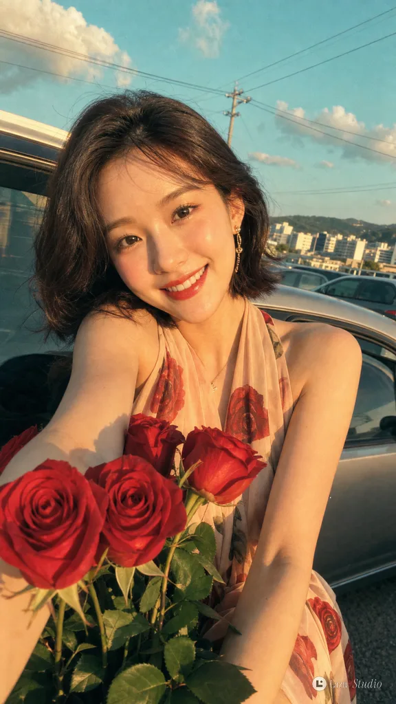 Close-up selfie of a smiling woman holding a bouquet of red roses in sunset light.