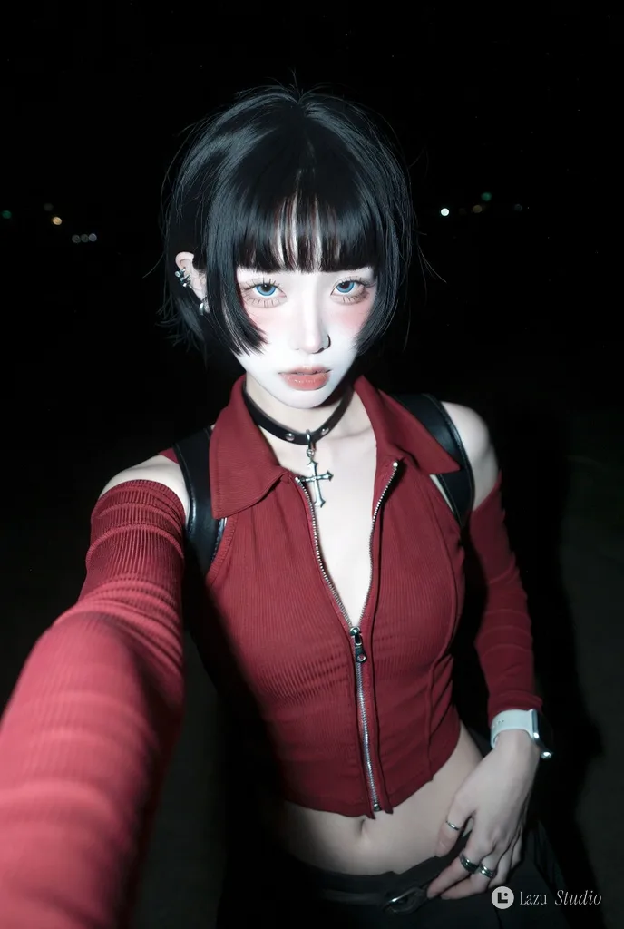 Close-up selfie of a woman with short dark hair and bob bangs under sharp night flash photography.