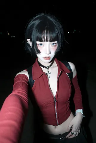 Close-up selfie of a woman with short dark hair and bob bangs under sharp night flash photography.
